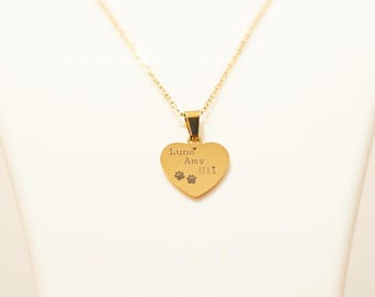 Personalized heart necklace with dog's name engraving | Stainless steel gold look | Gift for dog moms | 1-3 names with paw prints | Keepsake dog