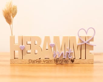 Personalized midwife gift | 3D lettering with heart on oak wood | Engraving | Thank you midwife birth farewell