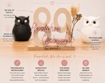 Personalized Birthday Decoration Number | 3D Print on Oak Wood with Engraving | Commemorative Gift for 30th, 40th, 50th, 60th Birthdays & Anniversaries