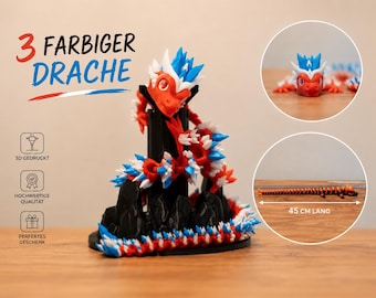 Beweglicher Kristall-Drache 3D Druck dreifarbig – beweglich, Fantasy Deko, Geschenk Drachenliebhaber, Unikat Schreibtisch Regal