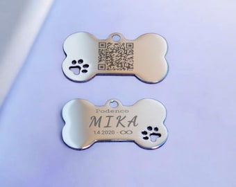 Personalized stainless steel dog tag with bone design, QR code and laser engraving – name, breed, date of birth, 2 key rings
