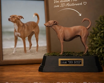 Personalisierte 3D-Hundefigur mit Trophäensockel & Gravur – Hund nach Foto, Resin-Rasen, Namensschild – Geschenk Hundebesitzer