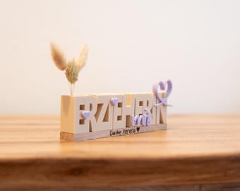 Erzieherin Geschenk personalisiert | 3D-Schriftzug mit Herz auf Eichenholz | Gravur | Dankeschön Abschied Kita Kindergarten Tagesmutter
