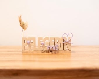 Personalized gift for caregiver | 3D lettering with heart on oak wood | Engraving | Thank you for caregiver/nursing assistant
