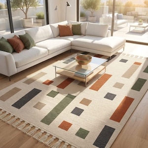 Cotton Dhurrie Rug, Geometric Indian Area Rug, Cream Multicolor Floor Rug, Modern Boho Carpet, Rectangular Living Room Rug