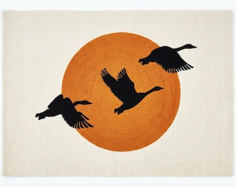 Alfombra moderna tejida a mano con silueta de pájaros volando, diseño de sol en círculo naranja, alfombra minimalista de lana para la decoración de la sala de estar y el dormitorio.