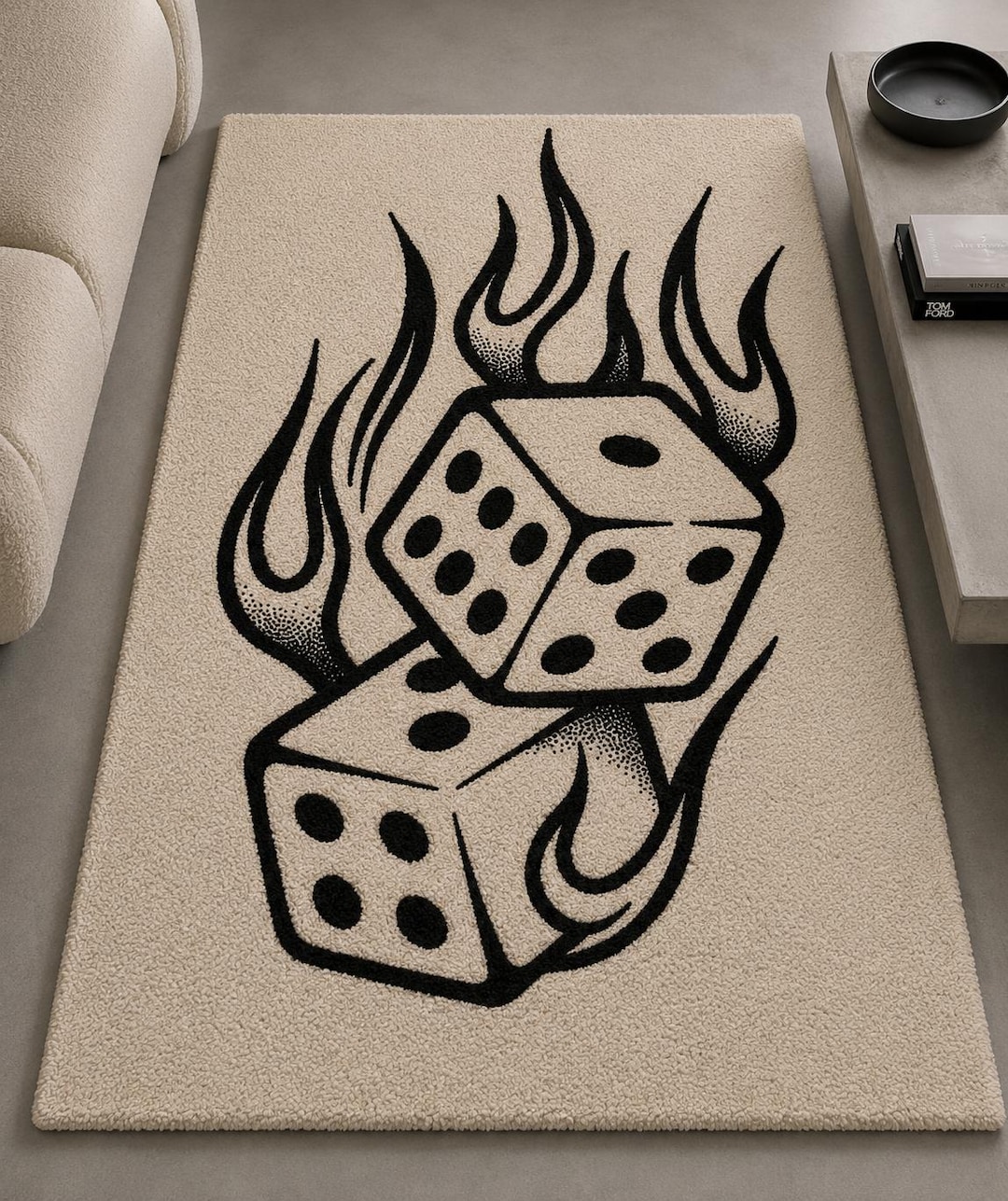 Hand Tufted Flaming Dice Hand Tufted Rug, Cream Black Statement Area ...