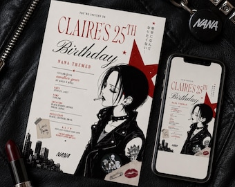 Inbjudan till Nana Osaki Anime-födelsedag, mall för punkrock, gotisk födelsedagsinbjudan, digital Canva-födelsedagstelefoninbjudan, mangafest