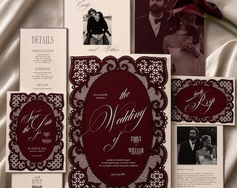 May include: A wedding stationery set featuring deep burgundy laser-cut lace borders on cream cardstock. The collection includes invitations, RSVP cards with QR codes, detail cards, and photo prints of a couple, all styled with elegant serif typography.