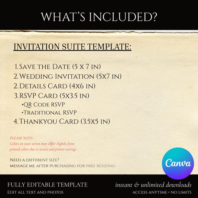 Pu&ograve; includere: Un modello di suite di invito su sfondo color crema con testo nero che elenca: Save the Date 5x7 in, Wedding Invitation 5x7 in, Details Card 4x6 in, RSVP Card 5x3.5 in con opzioni QR e tradizionale, e una Thankyou Card 3.5x5 in.