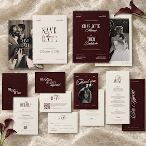 May include: A wedding stationery set featuring deep burgundy and cream-colored cards. The collection includes a Save the Date, wedding invitation, RSVP cards with QR codes, a menu, and thank you cards, all printed with elegant serif typography.