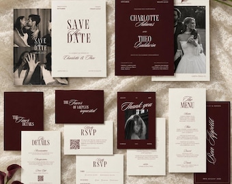 Burgundy Wedding Invitation Suite, Maroon Full Invite Kit, Modern Photo Invitation, Minimalist Invite Editable Canva Template