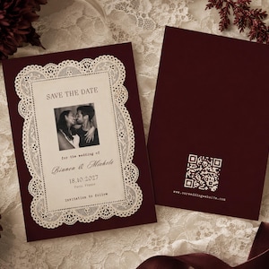 Peut inclure: Une carte save the date bordeaux profond avec un centre crème bordé d'une dentelle, une photo en noir et blanc d'un couple et le texte "SAVE THE DATE for the wedding of Bianca & Michele 18.10.2027 Paris, France invitation to follow".