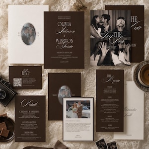 May include: A wedding stationery suite featuring dark brown and cream cards with white serif typography. Includes a save the date with black and white photos, an invitation, an RSVP card with a QR code, a menu, a details card, and a thank you note.