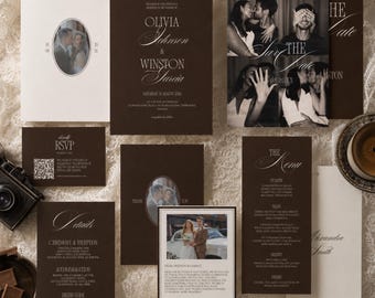 Invito di nozze in stile "Old Money" con Save the Date, RSVP, Dettagli, Ringraziamenti e Menù, Invito di lusso color caffè espresso, Elegante modello Canva