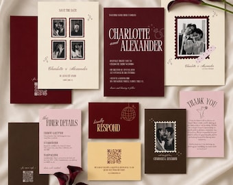 Kleurrijke, moderne retro trouwuitnodigingsset, speelse ansichtkaart-fotobooth-uitnodiging, bewerkbare Canva-sjabloon