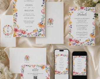 Wildflower Wedding Invitation Suite, Watercolor Floral Wedding Invite, Whimsical Garden, Editable Canva Template Printable