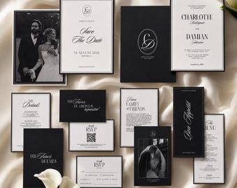Classic Old Money Wedding Invitation Suite, Formal Elegant Monogram Invitation Set, Timeless Invite, Minimalist Editable Canva Template Kit