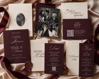 Invito di nozze in stile "Old Money" con Save the Date, RSVP, dettagli e menù, elegante invito bordeaux e avorio, modello modificabile su Canva.