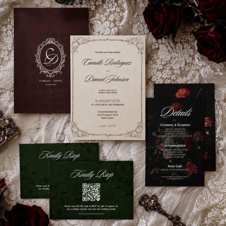 Pu&ograve; includere: Un set di cancelleria per matrimoni composto da un cartoncino bordeaux con monogramma bianco, un invito color crema con bordi decorati, un cartoncino con dettagli floreali scuri e due cartoncini RSVP verde scuro con QR code, con eleganti caratteri serif.