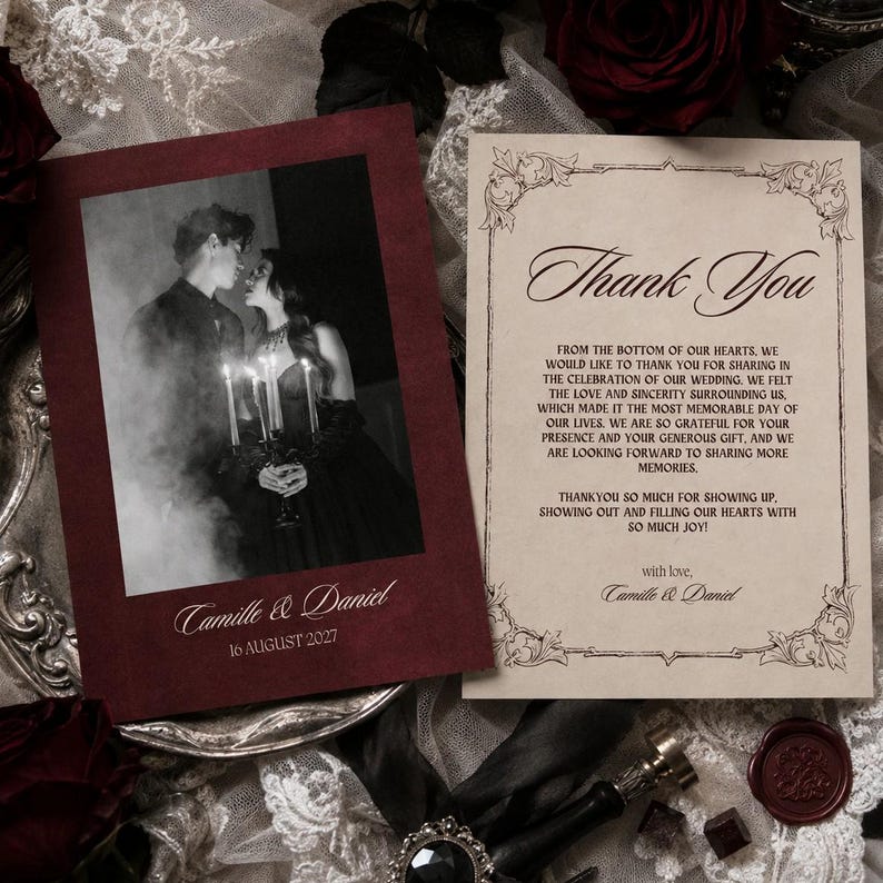 Pu&ograve; includere: Un set di biglietti di ringraziamento per matrimonio composto da un biglietto bordeaux con una foto in bianco e nero di una coppia che tiene delle candele, etichettato Camille & Daniel 16 August 2027, e un biglietto color crema con bordi decorati e il testo Thank You.