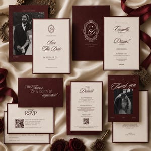 May include: A wedding stationery suite featuring deep burgundy and cream cards with elegant serif typography. The set includes a Save the Date, invitation, RSVP card with a QR code, details card, and thank you note, some adorned with photos of a couple.