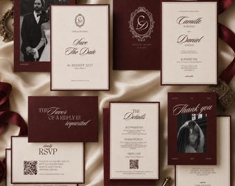 Invito di nozze in stile "Old Money Burgundy" con Save the Date, RSVP, dettagli e biglietto di ringraziamento. Invito di lusso, elegante modello modificabile su Canva.