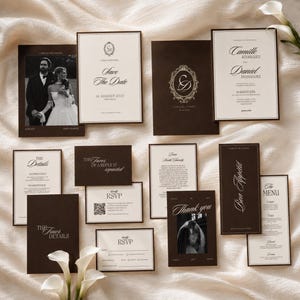 Old Money Wedding Invitation Suite, Luxury Dark Brown Espresso and Ivory Invite, Elegant Timeless Wedding Invitation Bundle, Canva Template