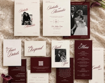 Hochzeitseinladungsset in Burgunderrot und Elfenbein, elegantes Einladungsset im Stil der alten Schule, druckbare Papeterie-Vorlagen auf Canva