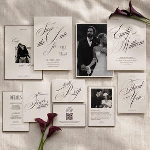 Minimalist Wedding Invitation Suite Classic Calligraphy Script, Formal Black Tie Photo Invite, Modern Elegant Editable Canva Template