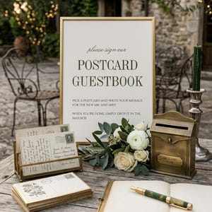 May include: A gold-framed sign reads "please sign our POSTCARD GUESTBOOK" with instructions. Beside it sits a brass postcard holder with vintage postcards, a small brass mailbox labeled "MR. & MRS. POST," a bouquet of white roses, and an open journal with a pen.