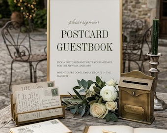 Elegante cartello per il libro degli ospiti a forma di cartolina, decorazione per matrimoni in stile retrò, libro degli ospiti a forma di cassetta postale (modello Canva 8x10)