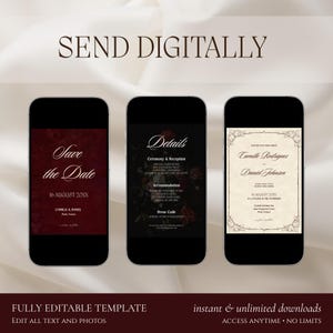 Pu&ograve; includere: Tre smartphone che mostrano modelli di inviti di nozze digitali. Il primo &egrave; rosso scuro con 'Save the Date', il secondo &egrave; nero con dettagli floreali e il terzo &egrave; color crema con un bordo decorativo. Il testo include 'SEND DIGITALLY'.
