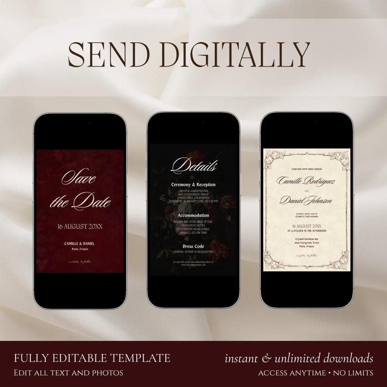 Pu&ograve; includere: Tre smartphone che mostrano modelli di inviti di nozze digitali. Il primo &egrave; rosso scuro con 'Save the Date', il secondo &egrave; nero con dettagli floreali e il terzo &egrave; color crema con un bordo decorativo. Il testo include 'SEND DIGITALLY'.