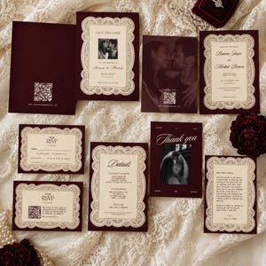 Burgundy Wedding Invitation Suite, Elegant Vintage Lace Invite Set with Save the Date, RSVP, Details, Thankyou, Marsala Wedding Template