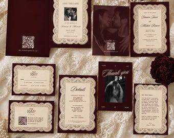Partecipazioni di nozze color bordeaux, elegante set di inviti vintage in pizzo con Save the Date, RSVP, dettagli, ringraziamento, modello per matrimonio color marsala