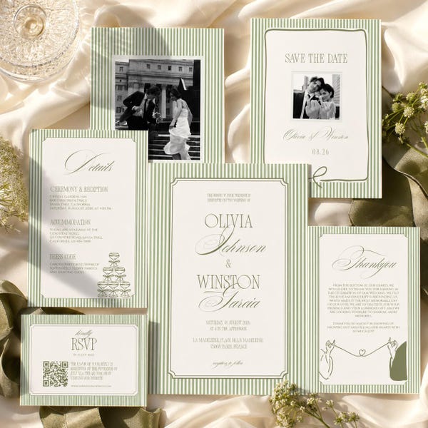 Green Striped Whimsical Wedding Invitation Suite, Hand Illustrated Template (Digital Download)