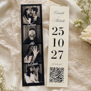 May include: A vertical black and white photo strip featuring a couple with the text Save the Date, alongside a cream-colored card displaying the names Camille and Michelle, the date 25 10 27, the text for more info, and a black QR code.