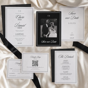 Zestaw minimalistycznych zaproszeń ślubnych z monogramem, elegancki szablon do druku z nowoczesnym kodem QR RSVP na luksusowe, nowoczesne wesele, edytuj Canva
