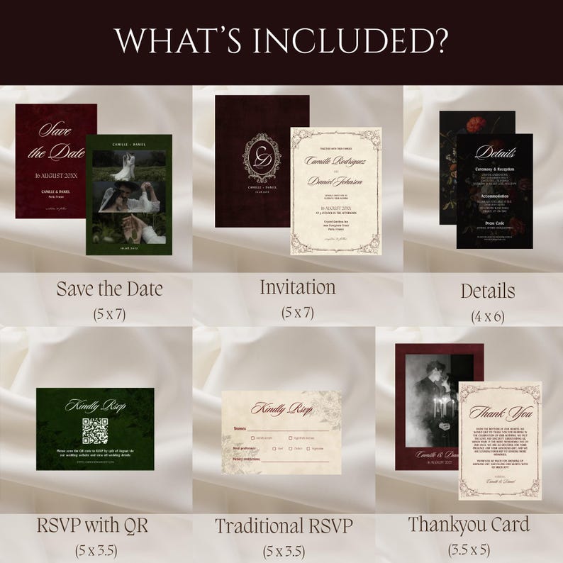 Inviti di nozze gotici color bordeaux, set di inviti di nozze di lusso e suggestivi, elegante cancelleria vittoriana dark romance, modello modificabile su Canva. immagine 2