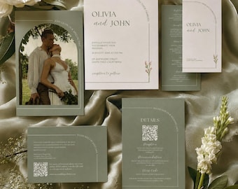 Salviagrön bröllopsinbjudningssvit med QR-kod, bohemisk bågträdgård bröllopsinbjudningspaket, minimalistisk botanisk inbjudningsset redigerbart
