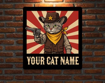Wooden Custom Cat Name Cowboy Wall Plaque – Western Cat Sign for Pet Lovers
