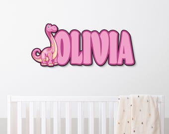 Personalized Wooden Dinosaur Name Sign for Kids Room, Pink Dino Nursery Door & Wall Decor