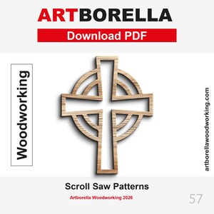 May include: A light brown wooden Celtic cross design with a circular frame, presented as a digital scroll saw pattern. The image includes the text ARTBORELLA, Download PDF, Woodworking, artborellawoodworking.com, Scroll Saw Patterns, and 2026.