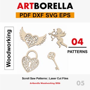 May include: A collection of four wooden scroll saw patterns. The patterns include a heart with wings, an angel with a bow and arrow, a heart-shaped lock, and a key. The image includes the text "ARTBORELLA" and "04 PATTERNS".
