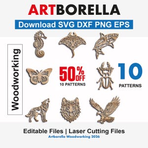 May include: A collection of laser-cut wooden patterns featuring various animal and marine life designs, including a seahorse, manta ray, shark, butterfly, beetle, wolf, eagle, and wolf head. The image includes the text "ARTBORELLA" and "Download SVG DXF PNG EPS".