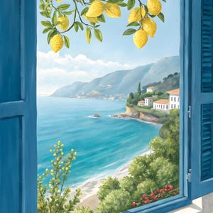 地中海風レモンウォールアート5点セット、アマルフィ海岸の窓辺の風景をプリント、レモンツリーの海岸風装飾、イタリアの夏のウォールアート、ブルーの窓辺のアート