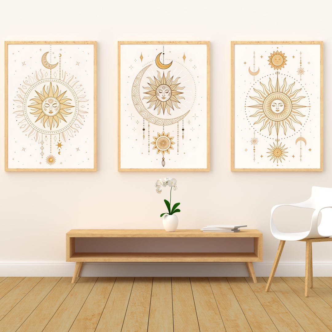 Sun Moon Wall Art Set of 3, Celestial Line Art Prints, Boho Astrology ...