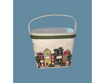 Bolso de cesta de madera tejida y pintada a mano, estilo boho clásico, firmado por Caro Nan, de los años 70.