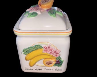 Bella casa by ganz Banana Papaya Ceramic Canister  Vintage Rare 3 D Fruit